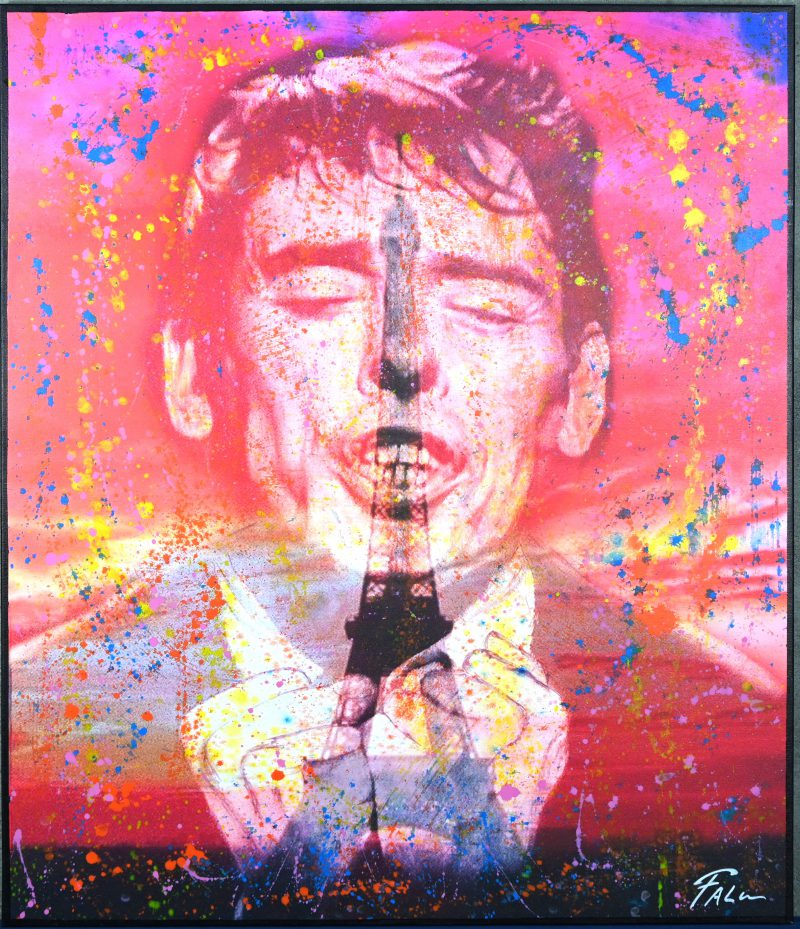 ‘Jaques Brel’, opgehoogde seriegrafie op doek. Getekend; FALCO. Met certificaat.