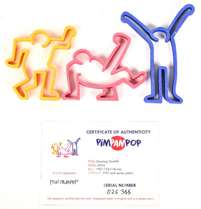 ‘Dancing Graffiti’, 3-D geprinte en beschilderde beeldjes. Getekend; PIMPAMPOP. Met certificaat.