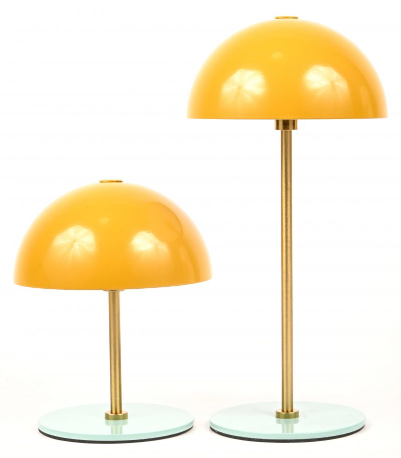 Een paar draadloze tafellampen, ontworpen door Dyberg Larsen. Model ALONG. Twee mogelijke hoogtes. Met usb oplaadkabel.