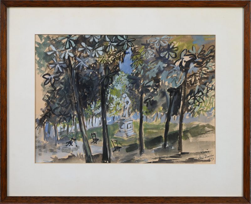 ‘Paris’, een zomers sfeerbeeld in een park. Studie in aquarel, getekend; Louis Derijks, 1953.