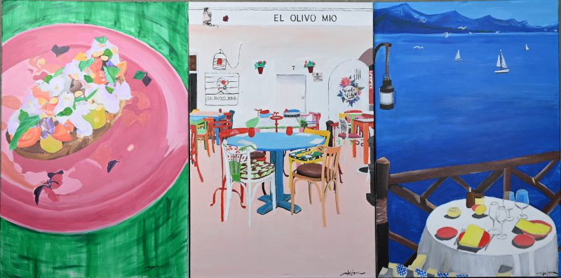 Een lot van drie schilderijen met een culinair thema, acryl op doek, getekend; Mhara M. Tesiorna. Met certificaat.