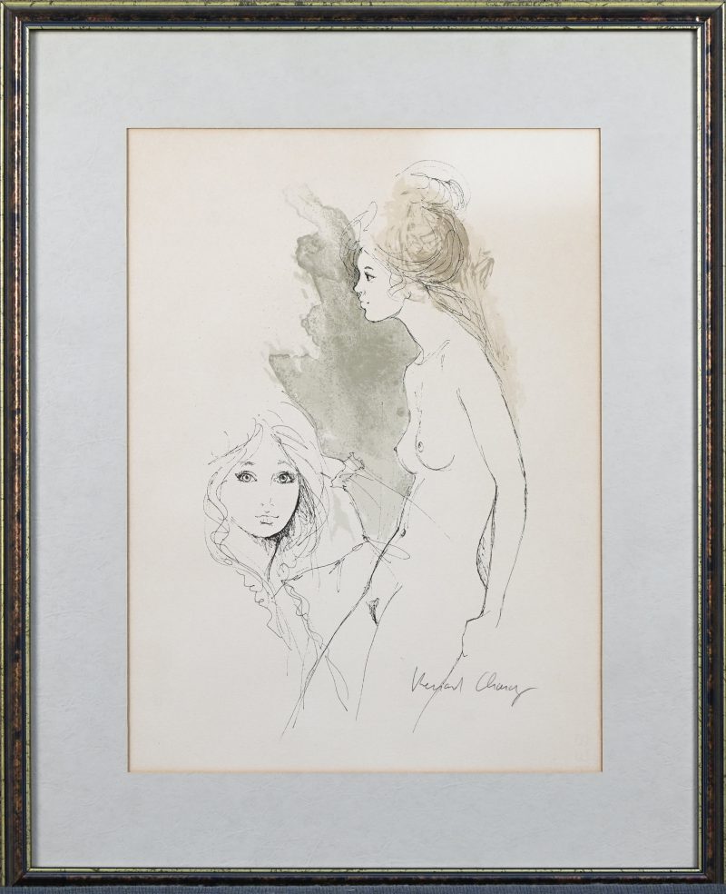 ‘Meisjesportret en een dromerig naakt’, een kleurenlitho getekend; Bernard Charoy.