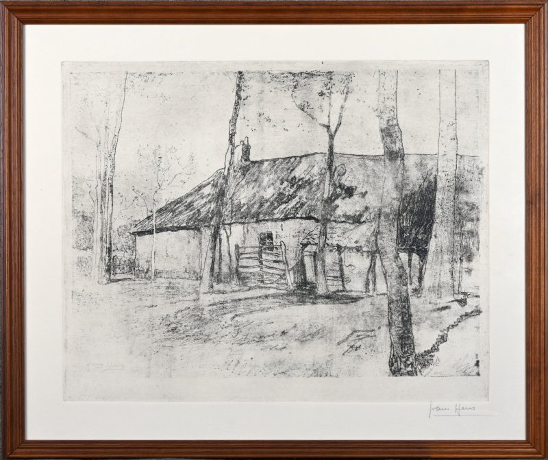 ‘Boerderij’, een monochrome ets/aquatint. Getekend Frans Hens.