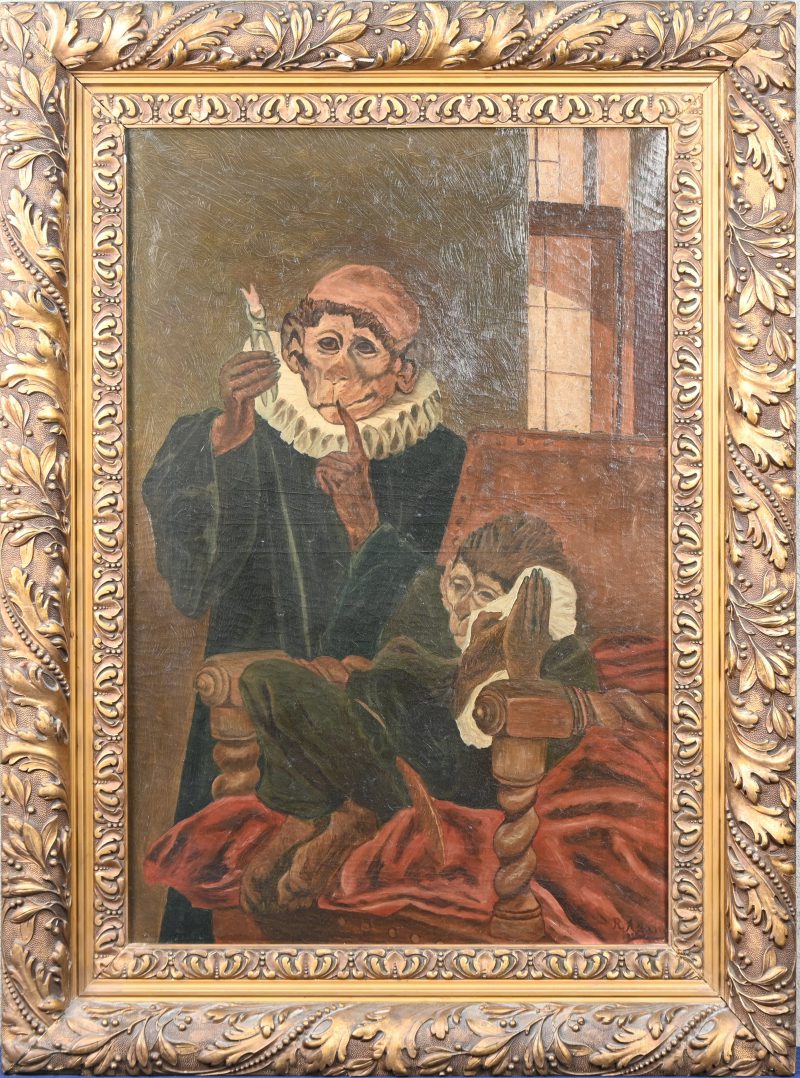 ‘Twee apen in het tandartskabinet’, olieverf op doek. Geteken; R. Adam en gedateerd 1916.