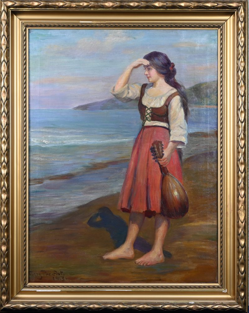 ‘Mandolinespeelster op het strand’, olieverf op doek. Getekend; Fritz Precht, 1913.