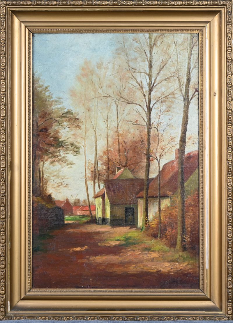 ‘Herfstbeeld met huizen en bomen’, olieverf op schilderspaneel. Medio 1900, niet getekend.