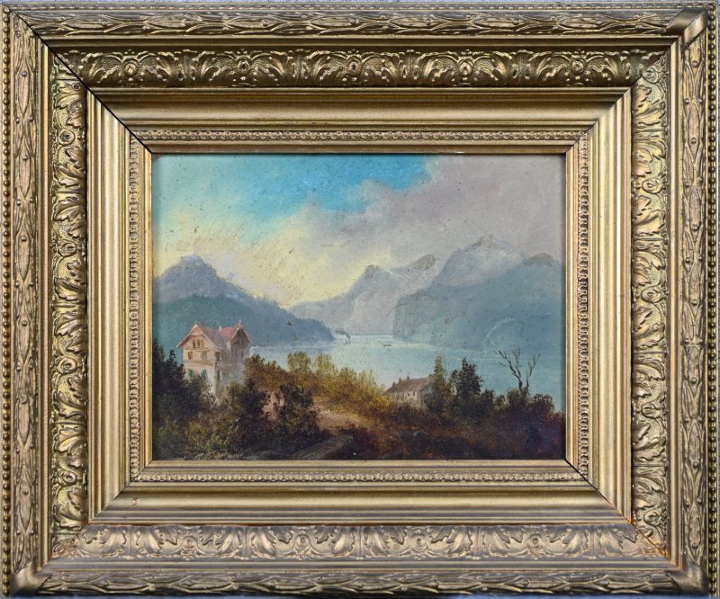 ‘Berglandschap met huizen aan het meer’, olieverfstudie op paneel. Medio 1900, niet getekend.