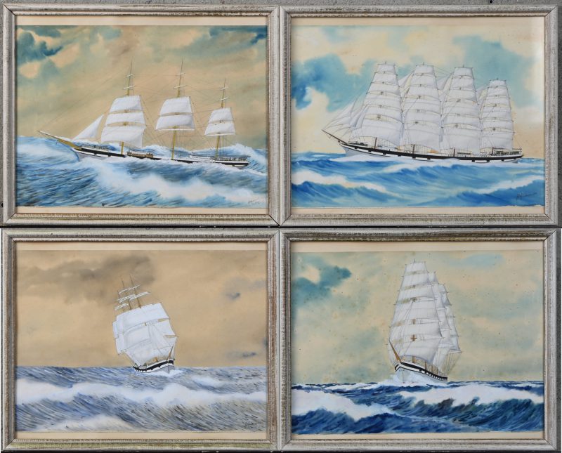 Een set van 4 studies in goache en potlood naar grote zeilschepen. Getekend; F. E. Jamieson, 1916.