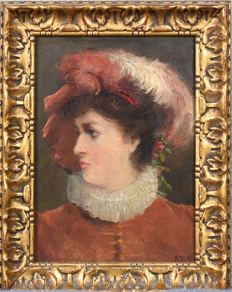 ‘Portret in halfprofiel van een vrouw in 16e eeuwse kledij’. Olieverf op paneel, draagt het monogram; S T A. Vermoedelijk 19e eeuw.