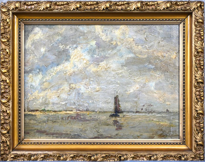 ‘Schepen bij valavond’, een impressionistisch olieverfschilderij op paneel. Impasto gezet. Niet getekend. Medio 1900.