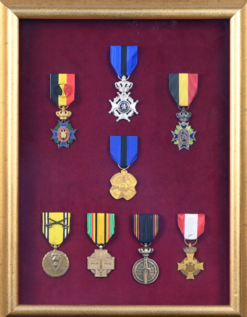 Een set van acht medailles waaronder drie gerelateerd aan de tweede wereldoorlog, twee ordes, twee nijverheidseretekens en een penning van het 5e linie regiment. Ingekaderd op rood fluweel.