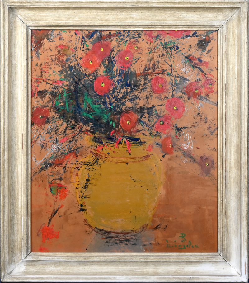 ‘Bloemenvaas’, olieverf op papier. Getekend; R. Engelen.