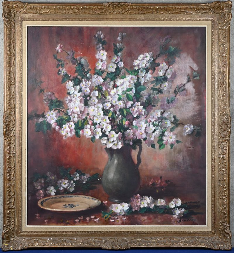 “Bloemenstilleven”, een schilderij, olieverf op doek, gesigneerd Sanders.