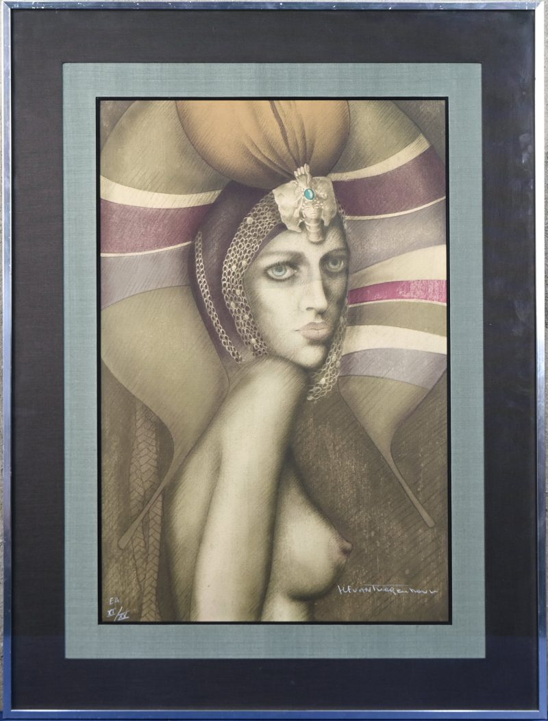“Staand naakt met hoed”, een lithografie in kleur, gesigneerd Jef Van Tuerenhout. Genummerde Epreuve d’Artiste, XI/XX.