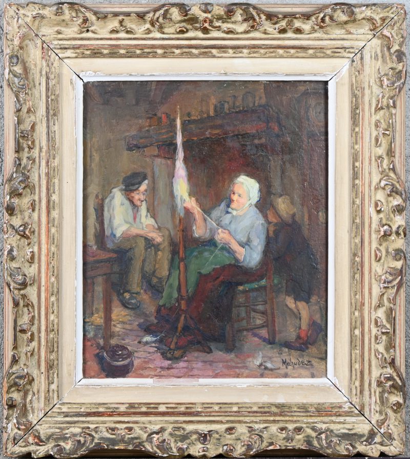 ‘Een oude spinnende vrouw’, olieverf op paneel. Getekend; Mahudez.