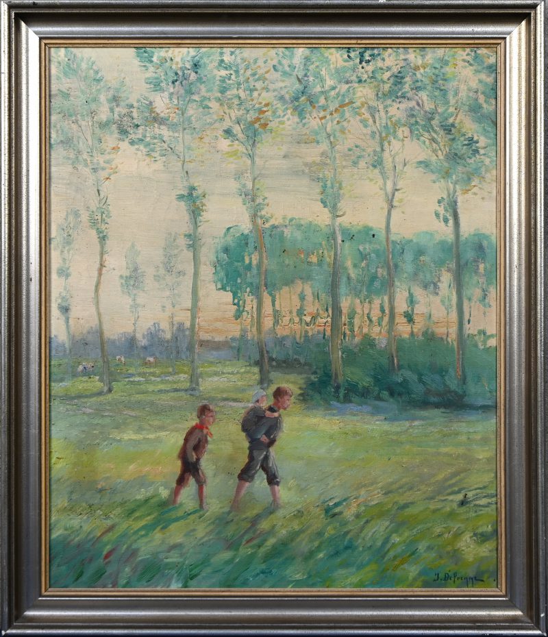‘Natuurwandeling’, olieverf op doek. Getekend; J. Defrenne. Kleine schade aan het doek.