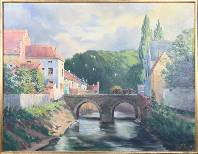 ‘Een dorpszicht met brug’, olieverf op doek. Getekend; J. Defrenne.