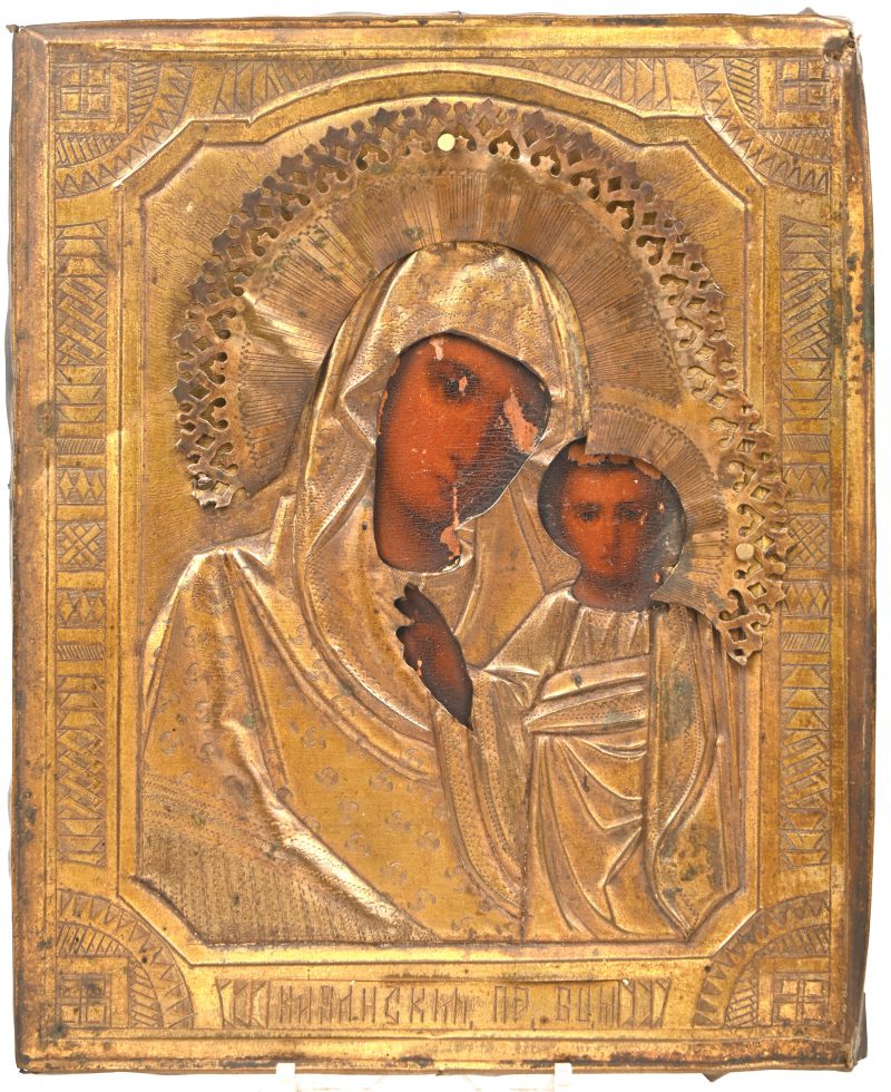 “Moeder Gods”. Russische icoon met messingen riza. XIXde eeuw.