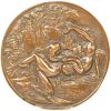 Drie stuks brons, een plaquette met een kinderhoofdje, een plaquette met een erotische scène en een Minervahoofdje.