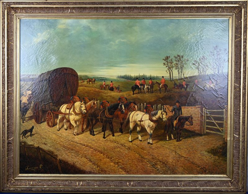 “Huifkar”, een schilderij, olieverf op doek, gesigneerd Duverger.