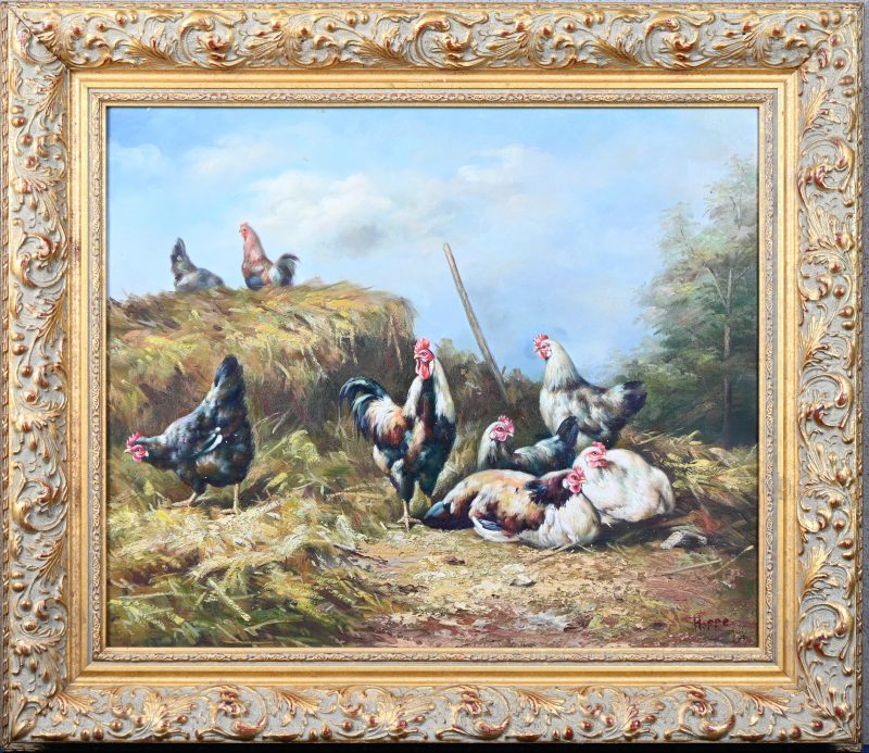 “Kippen”, een schilderij, olieverf op doek, gesigneerd Hoppe.
