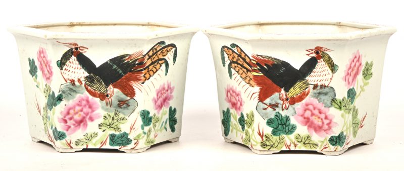 Een paar Chinees porseleinen bloempotten met een decor van bloemen en vogels.