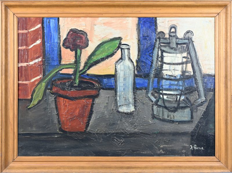 ‘Stilleven met olielamp en bloempot’, olieverf op doek. Getekend; F. Piens.