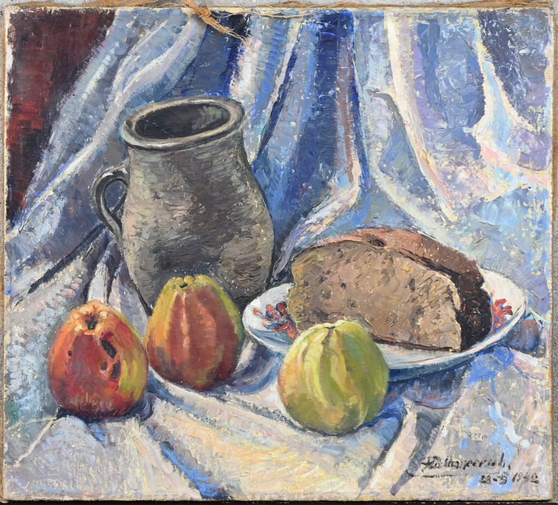 ‘Stilleven met brood en fruit’, olieverf op doek. Getekend; Hallemeersch. 28-9-1942.