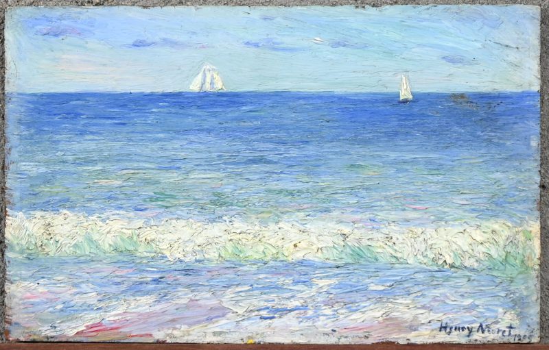 ‘Marine met zeilschepen’, olieverf op paneel. Draagt de handtekening; Henry Moret, 1909.