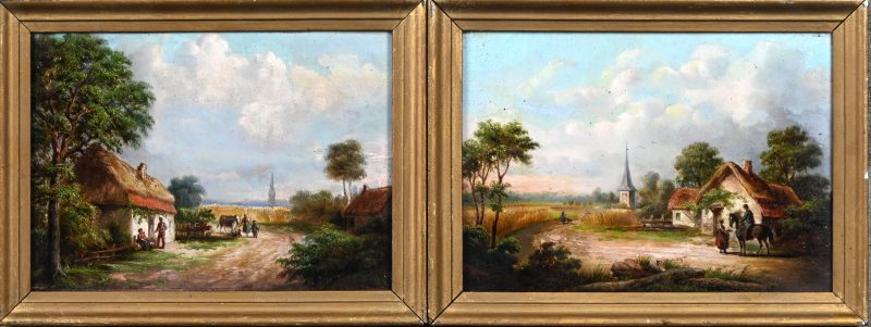 Een set van twee 19e eeuwse landschapjes, olieverf op paneel. Getekend; E. Deventer.