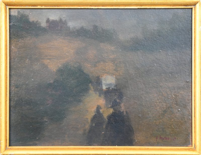 ‘Landschap bij schemering’, olieverf op paneel. Getekend; F. ARNTZENIUS.