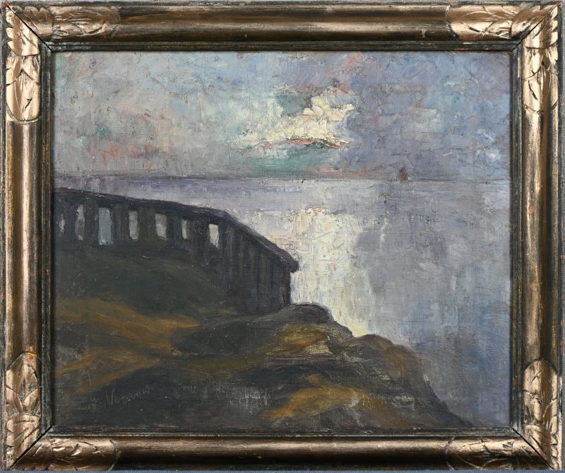 ‘Zeezicht’, olieverf op doek. Een impressionistisch schilderij in gedempte tonen, getekend; Vervoort(?).