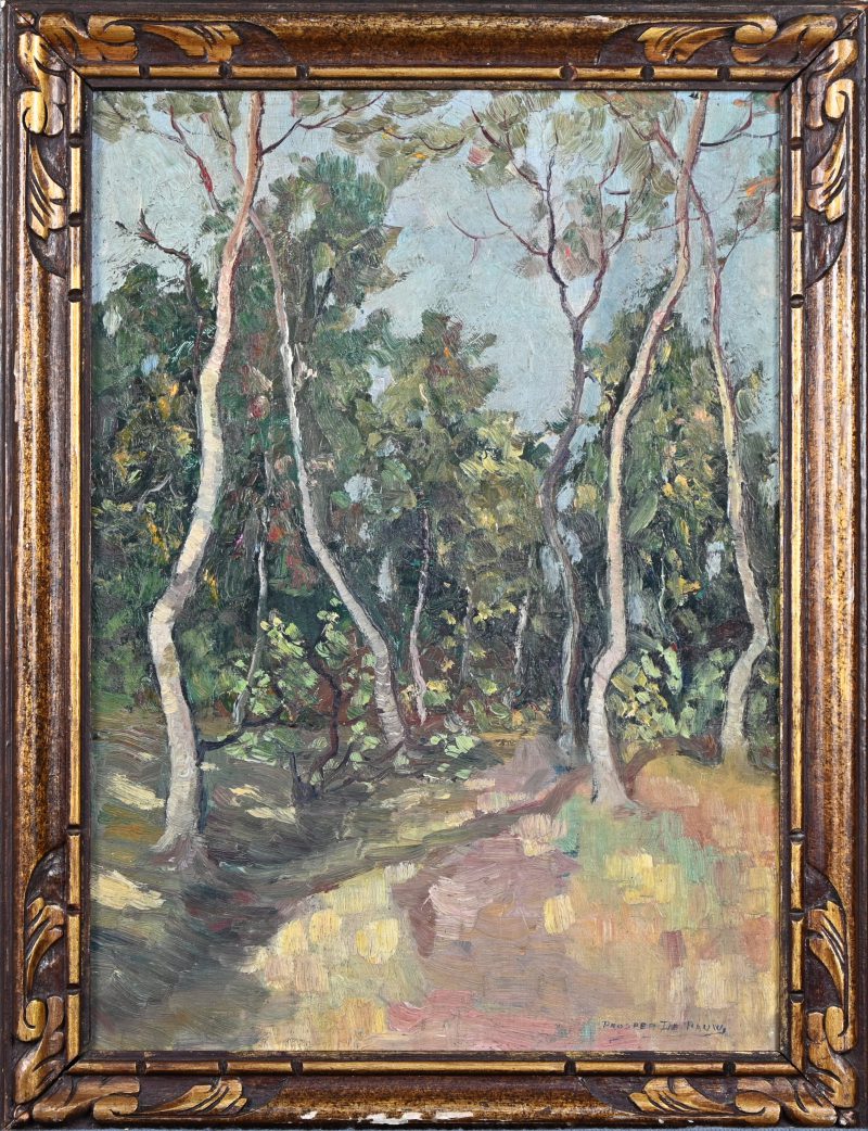 ‘Sous bois’, olieverf op paneel. Impressionistische studie en plein air. Getekend; Prosper de Pauw.