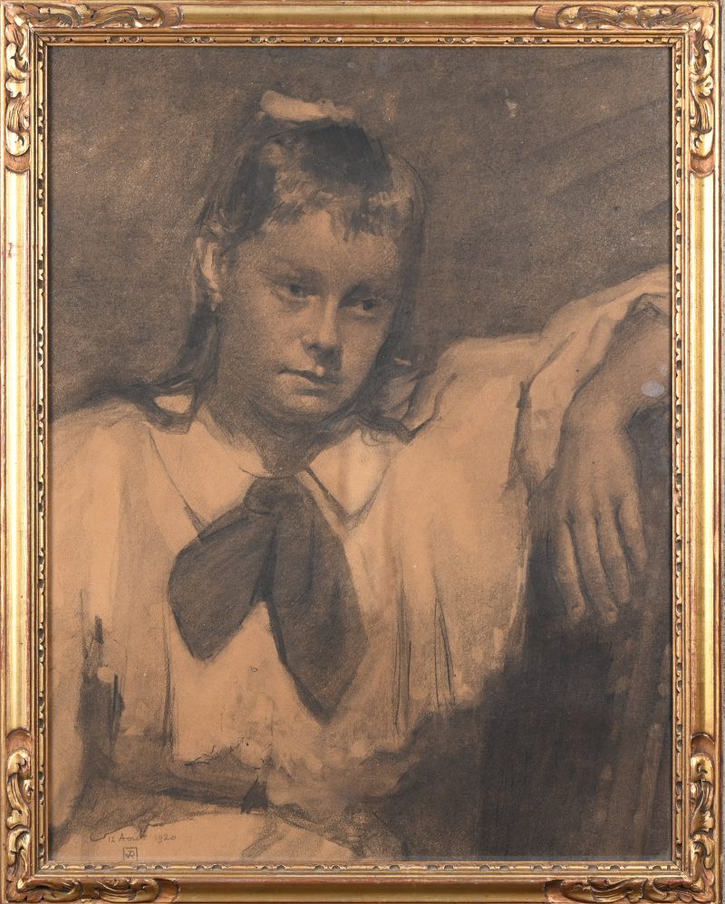 ‘Meisjesportret’, houtskooltekening. Getekend; VR, 1920. Toegeschreven aan Théo VAN RYSSELBERGHE.