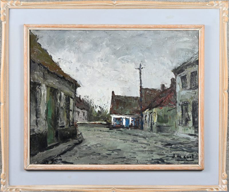 ‘Dorpszicht’, olieverf op doek. Getekend; J. De Cort.