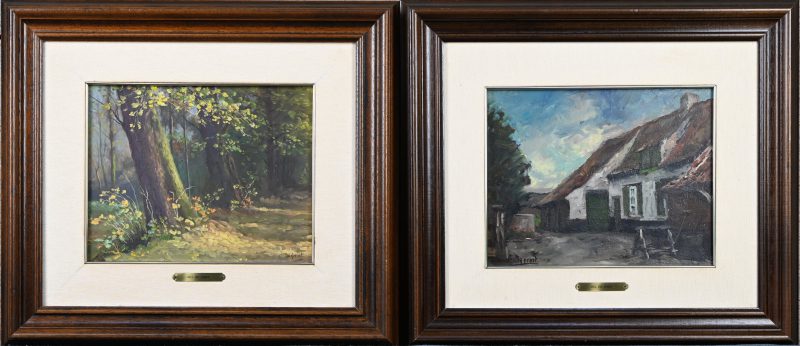 Een set van twee schilderijen door Jul De Cort. ‘Boerderij’ en ‘Bomenrij’, olieverf op paneel. Getekend; L De Cort en voorzien van een koperen naamplaatje.