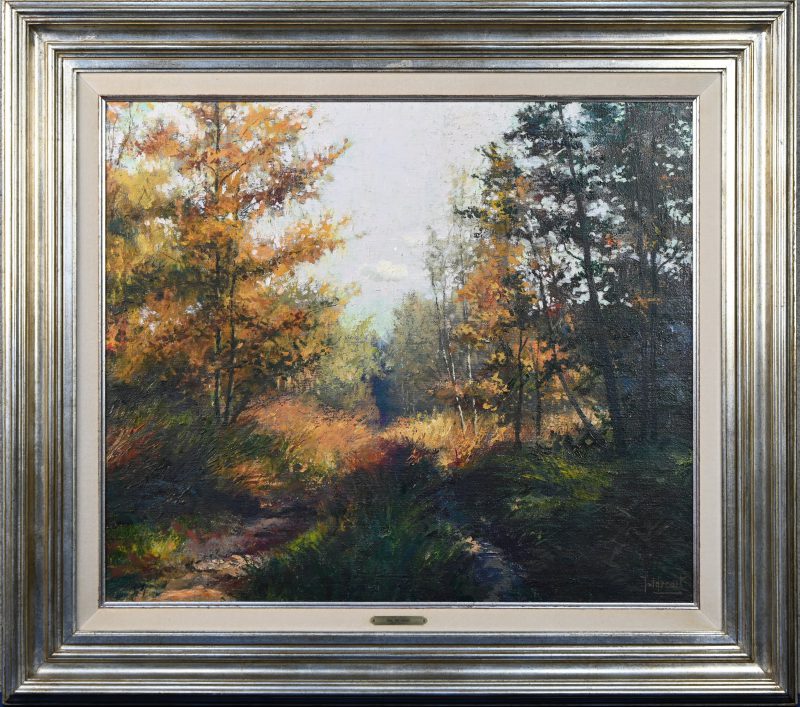 ‘Herfstbeeld in het bos’, olieverf op doek. Getekend; L De Cort en voorzien van een koperen naamplaatje.