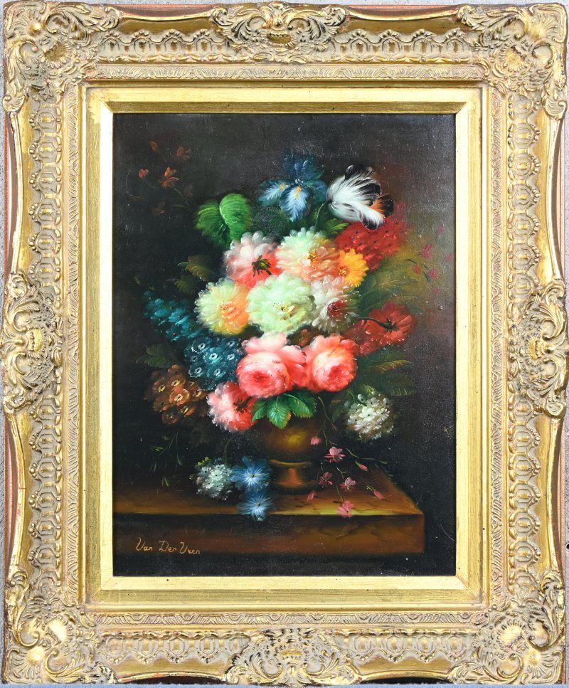 ‘Bloemenvaas’, olieverf op paneel. Getekend; Van Der Veen. Naar de 19e eeuw.