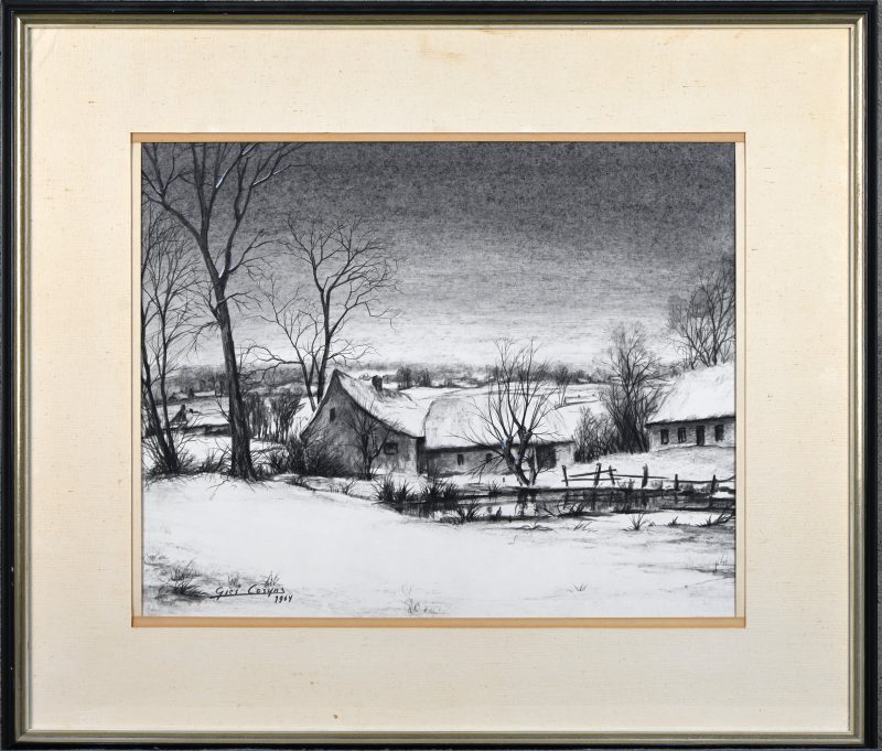 ‘Winterlandschap met hoeve’, een opgehoogde potloodtekening. Getekend; Gies Cosyns, 1964.