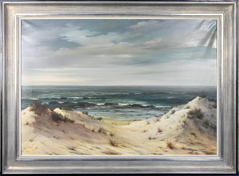 ‘Zeezicht aan de duinen’, olieverf op doek. Getekend; Gies Cosyns.