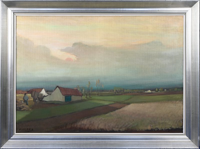 “Zicht op de hoeve en velderijen”, een schilderij, olieverf op doek, gesigneerd D. Claes.