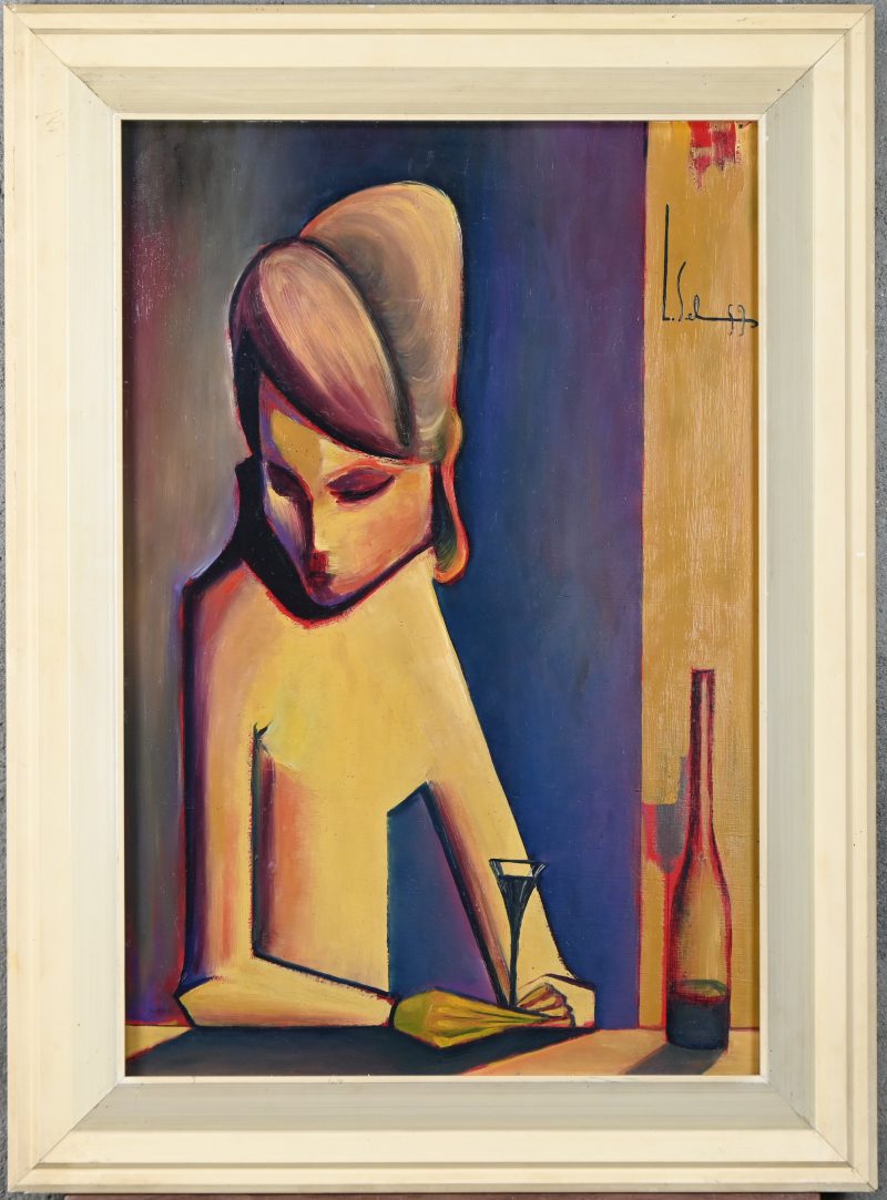‘Dame aan de bar’, olieverf op paneel. Getekend; L. Sel, ‘59.