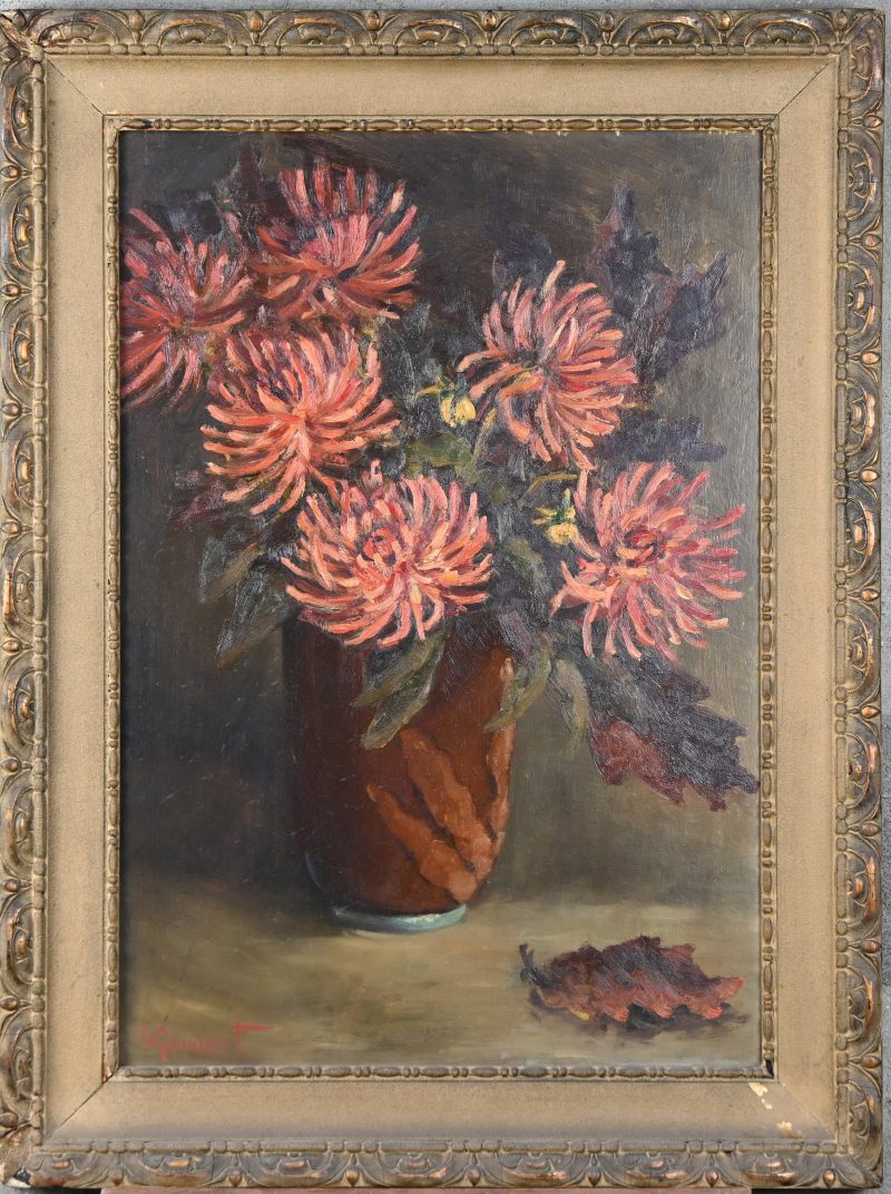 ‘Bloemenvaas’, olieverf op paneel. Getekend; L. Gevaert.