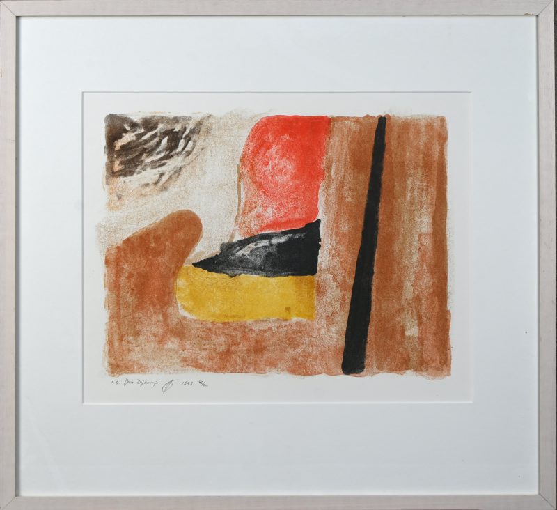 ‘Abstracte compositie’, kleurenlithografie, Getekend; Jan Dijker, 1993. Nr. 45 uit een oplage van 50 exemplaren. Jan Dijker was een Nederlands kunstenaar die vooral bekend werd door zijn monumentale en kerkelijke kunst.