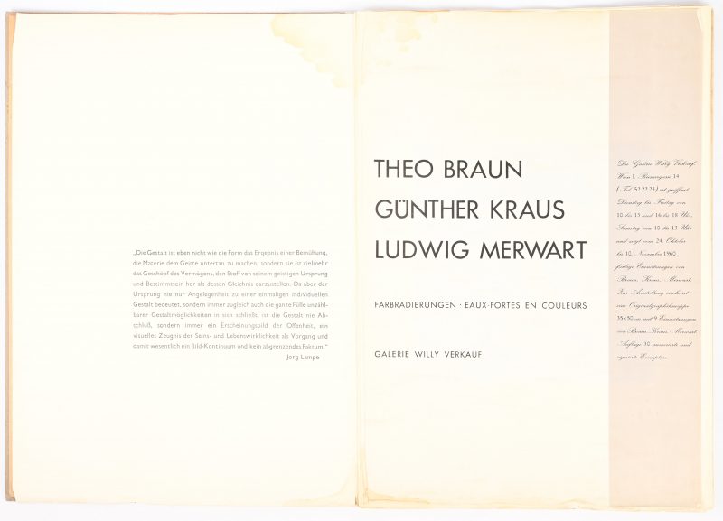 Een map met drie kleurenetsen door Günter Kraus. Uitgegeven door galerie Willy Verkauf, 1960.