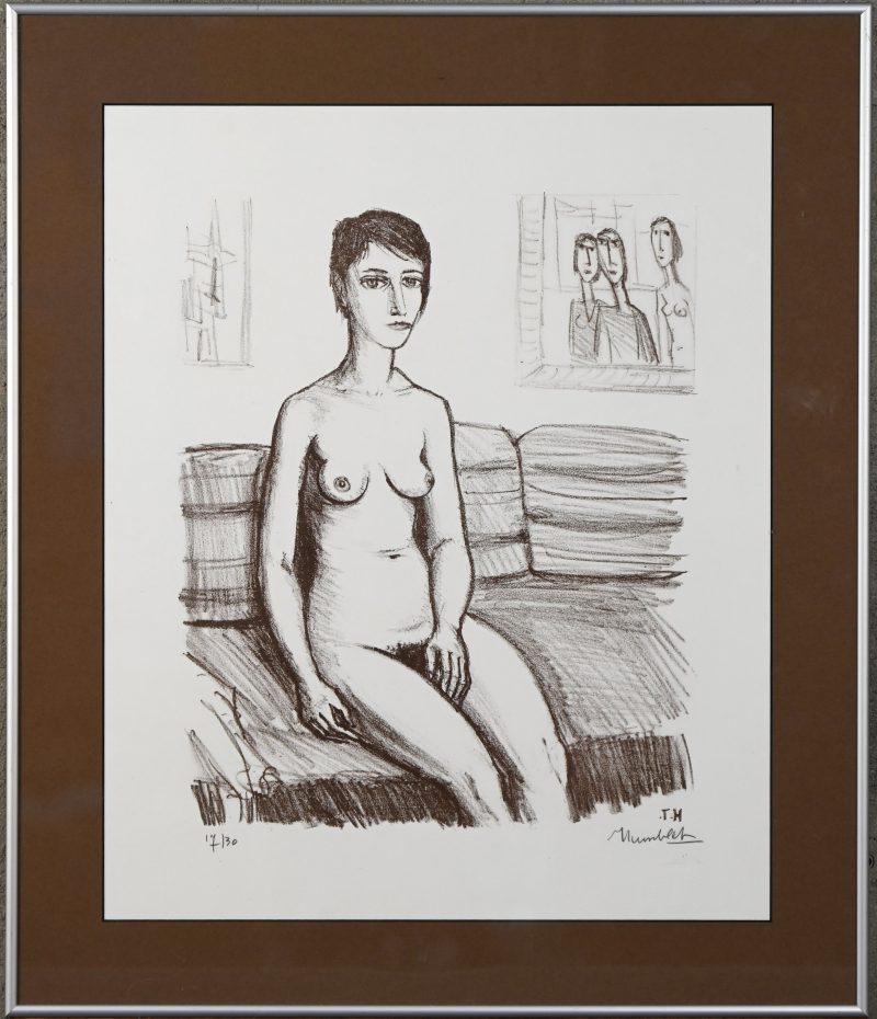 ‘Naakt Op De Bank’, een monochrome litho in bruintinten. Getekend; Humblet. Met monogram .T.H op de steen.