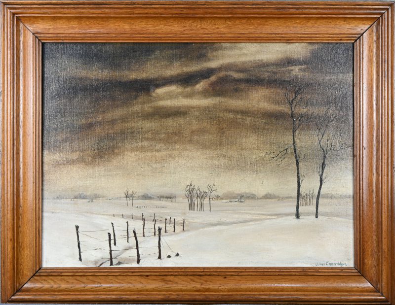 ‘Somber Winterlandschap’, olieverf op doek. Getekend; J. Van Campenhout.