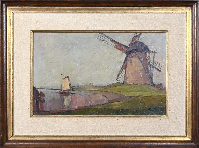 ‘Landschap met zeilboot en windmolen’, olieverf op paneel. Getekend Pros. Bosteels.