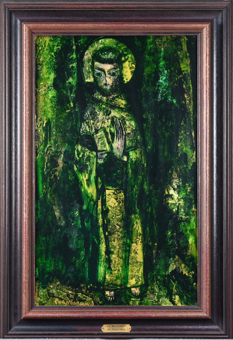 “Sint Franciskus”, een églomisé in houten kader, gesigneerd Meersman.
