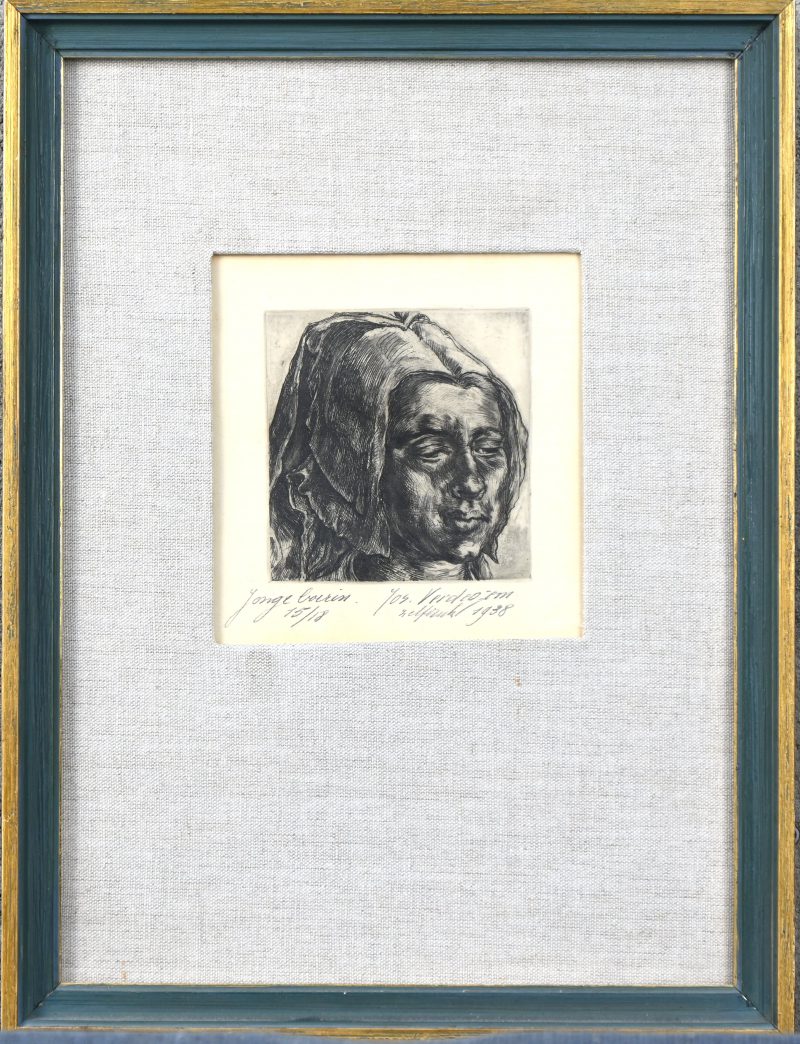 “Jonge boerin”, een ets, genummerd 15/18, gesigneerd buiten de plaat Jos. Verdegem, zelfdruk 1938.